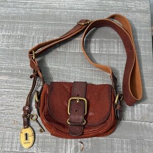 Fossil Women's Tan and Brown Leather Crossbody Bag